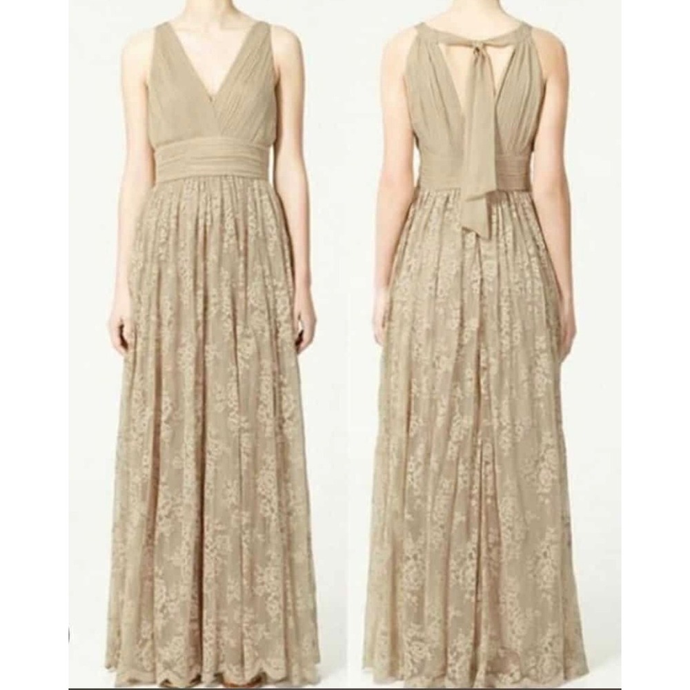 Zara Womens Champagne Floral Lace Maxi Dress Pleated V-Neck Bow Back Formal Gown